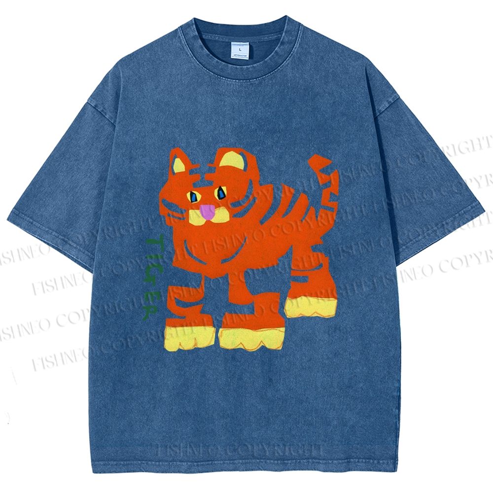 Unisex Cartoon Tiger Printed Washed Tee