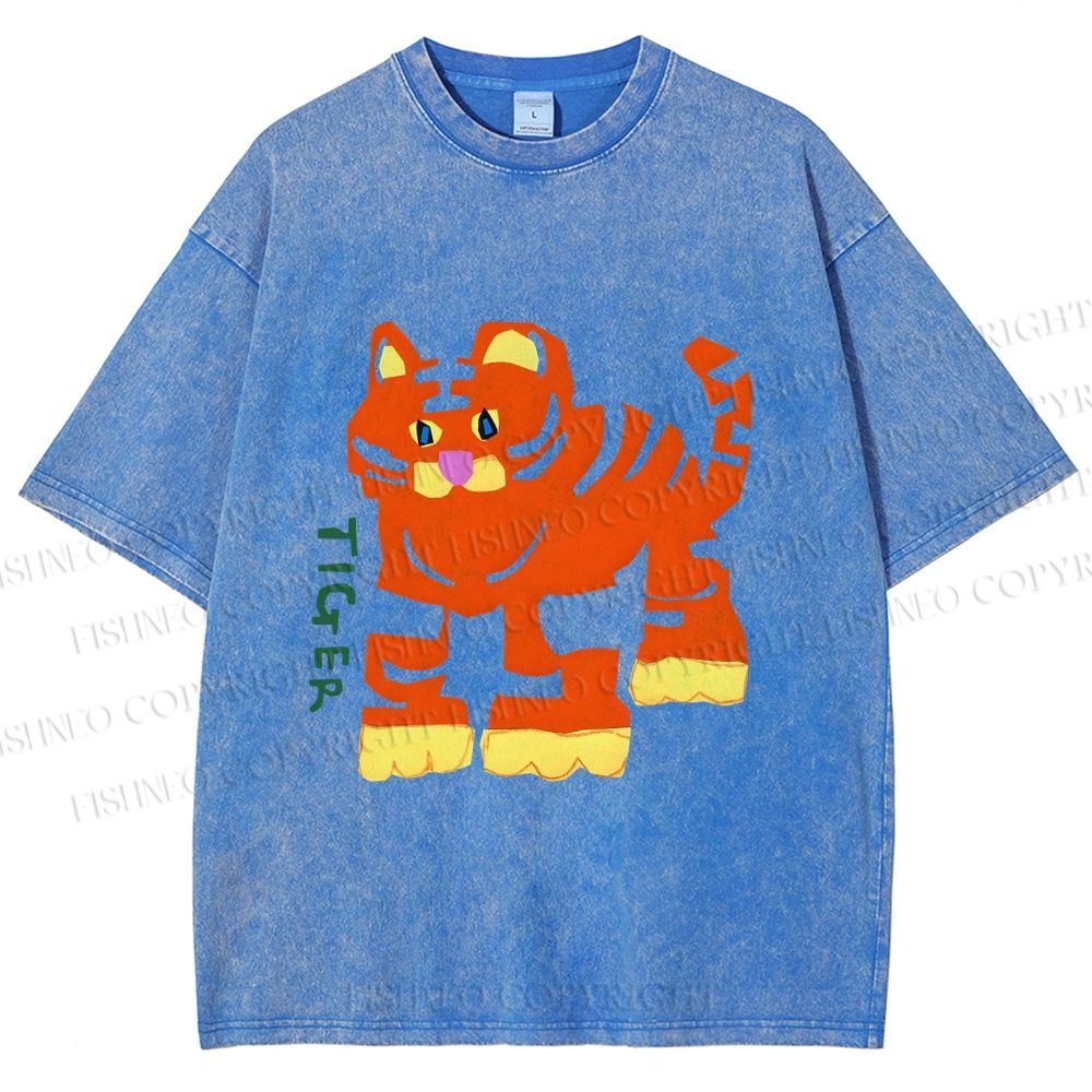 Unisex Cartoon Tiger Printed Washed Tee