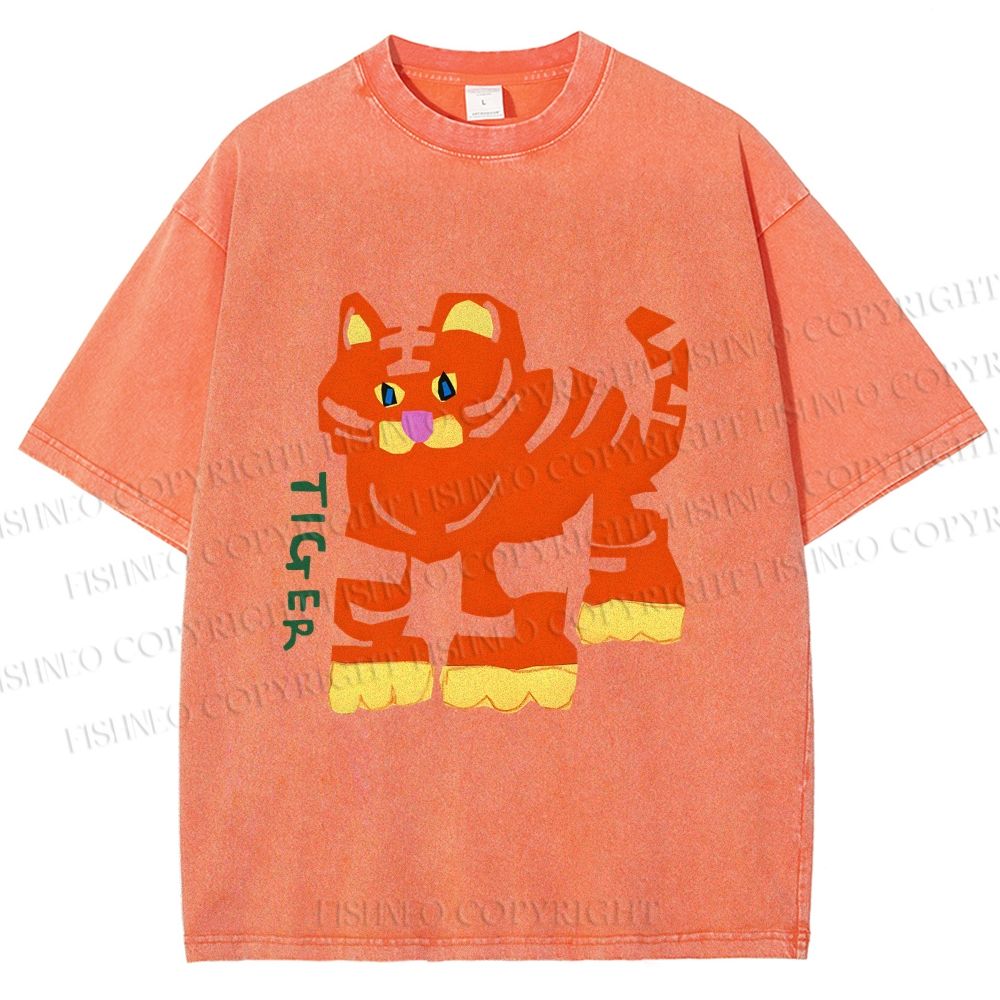 Unisex Cartoon Tiger Printed Washed Tee