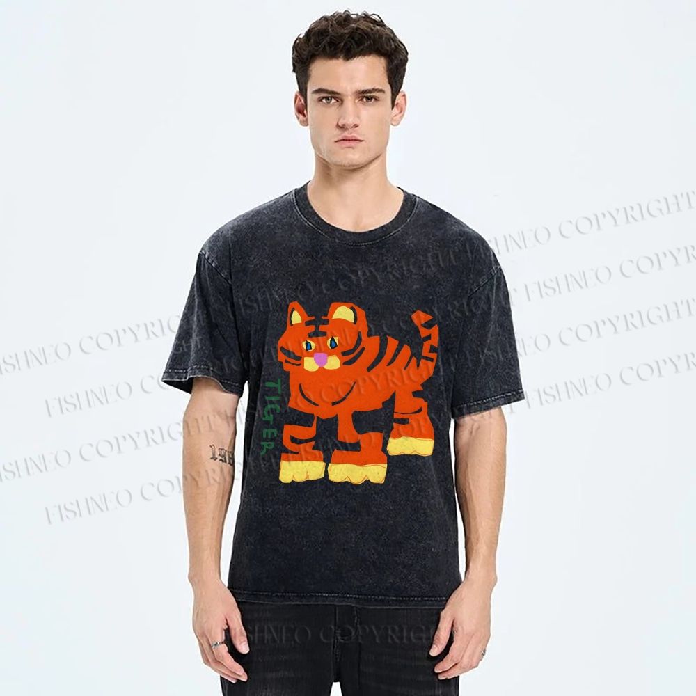 Unisex Cartoon Tiger Printed Washed Tee