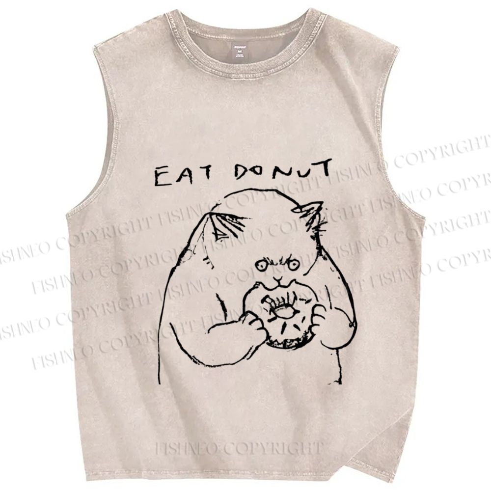 Unisex Cat Eat Doughnut Printed Washed Tank Top