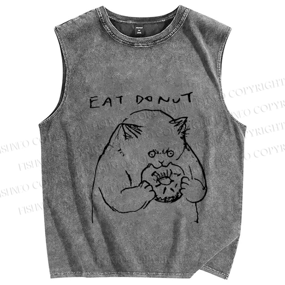 Unisex Cat Eat Doughnut Printed Washed Tank Top