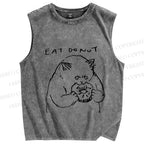 Unisex Cat Eat Doughnut Printed Washed Tank Top
