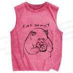 Unisex Cat Eat Doughnut Printed Washed Tank Top