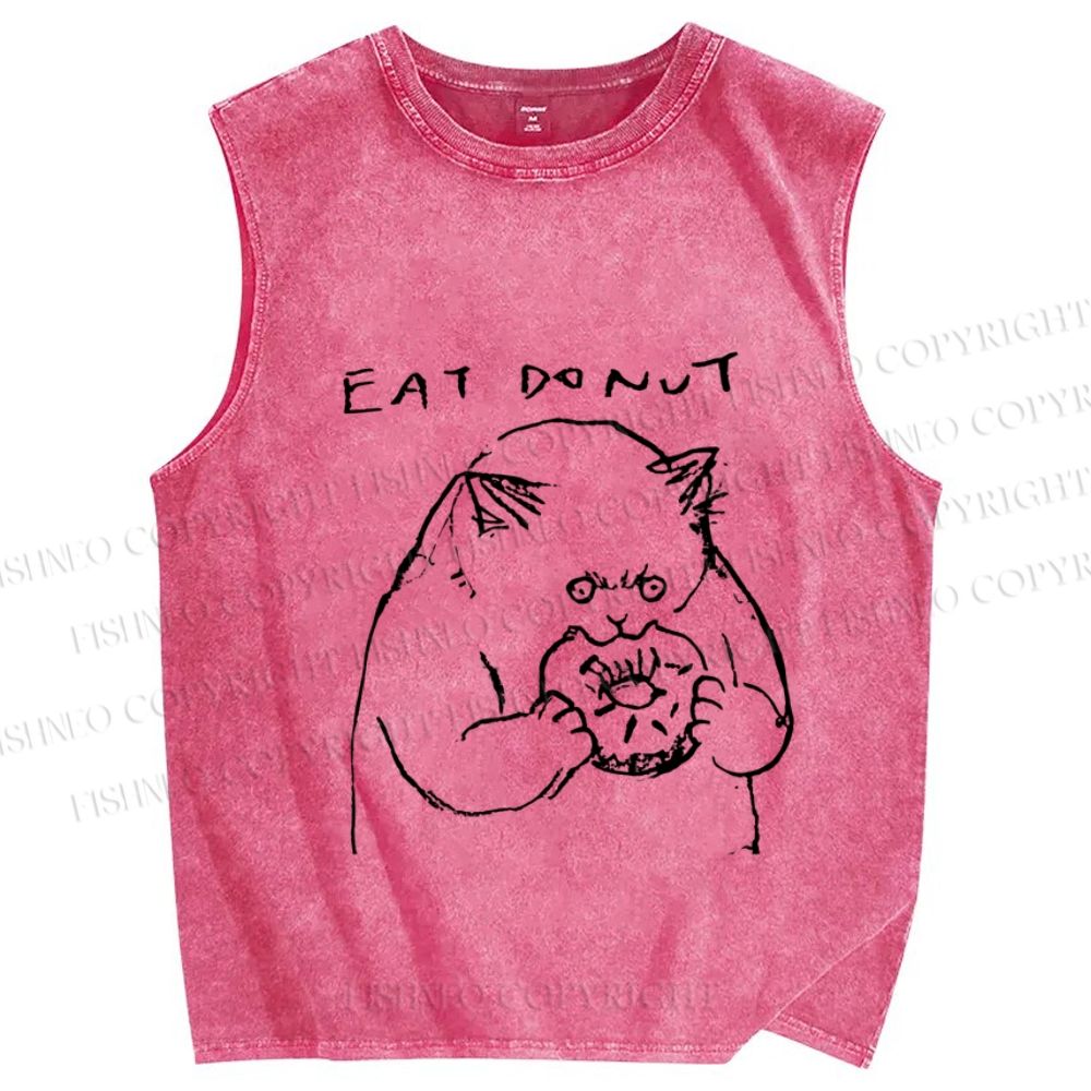 Unisex Cat Eat Doughnut Printed Washed Tank Top