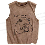 Unisex Cat Eat Doughnut Printed Washed Tank Top