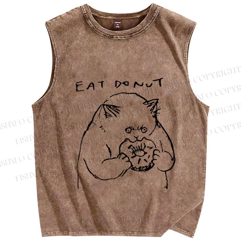 Unisex Cat Eat Doughnut Printed Washed Tank Top