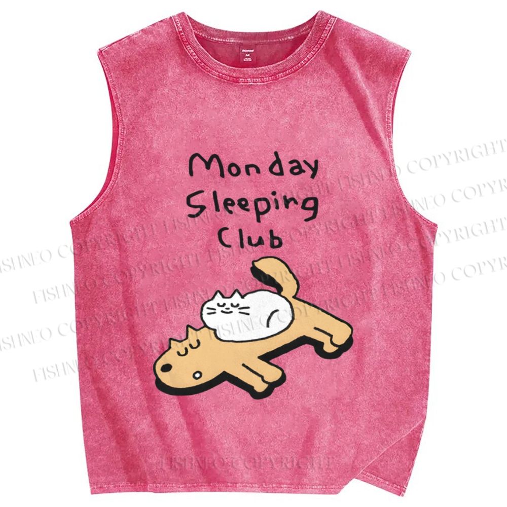 Unisex Cat&Dog Monday Sleeping Club Printed Washed Tank Top