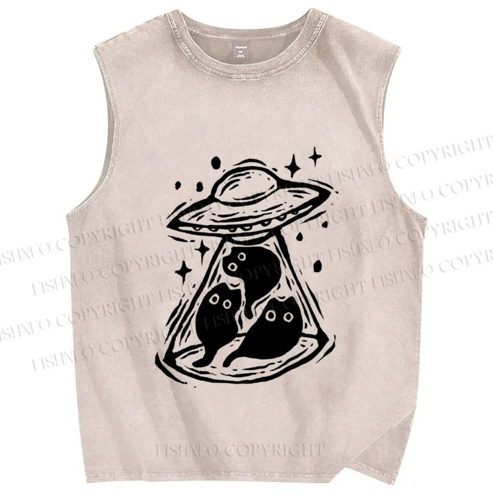 Unisex Cat UFO Printed Washed Tank Top