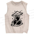 Unisex Cat UFO Printed Washed Tank Top