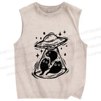 Unisex Cat UFO Printed Washed Tank Top