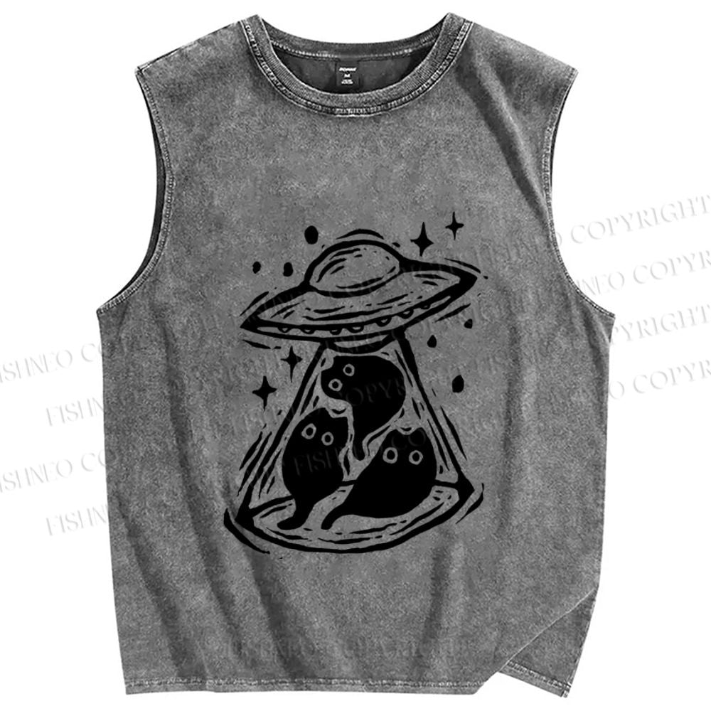 Unisex Cat UFO Printed Washed Tank Top