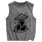 Unisex Cat UFO Printed Washed Tank Top