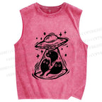 Unisex Cat UFO Printed Washed Tank Top