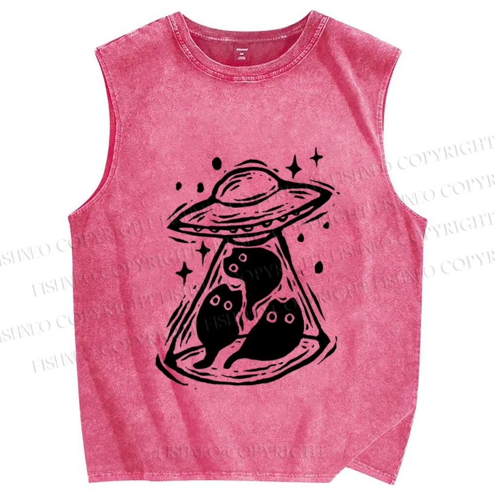 Unisex Cat UFO Printed Washed Tank Top