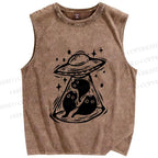 Unisex Cat UFO Printed Washed Tank Top