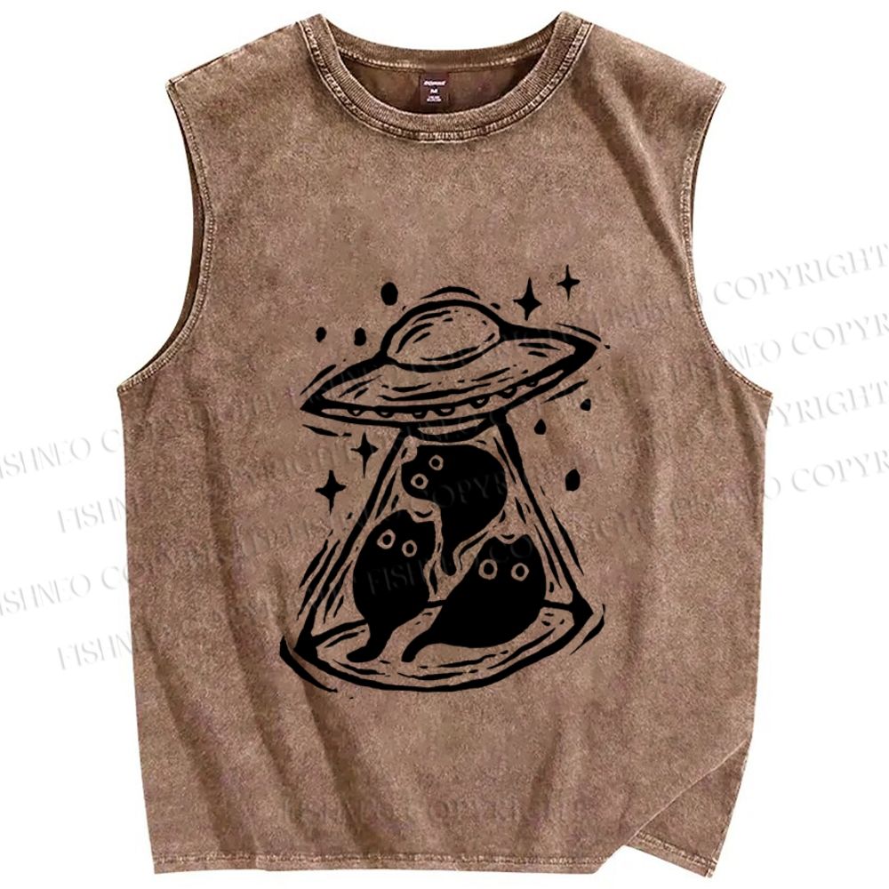 Unisex Cat UFO Printed Washed Tank Top