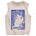 Unisex Vintage Cat Printed Washed Tank Top