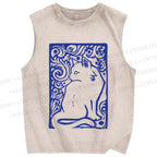 Unisex Vintage Cat Printed Washed Tank Top