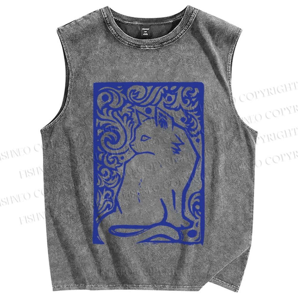 Unisex Vintage Cat Printed Washed Tank Top