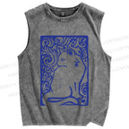 Unisex Vintage Cat Printed Washed Tank Top