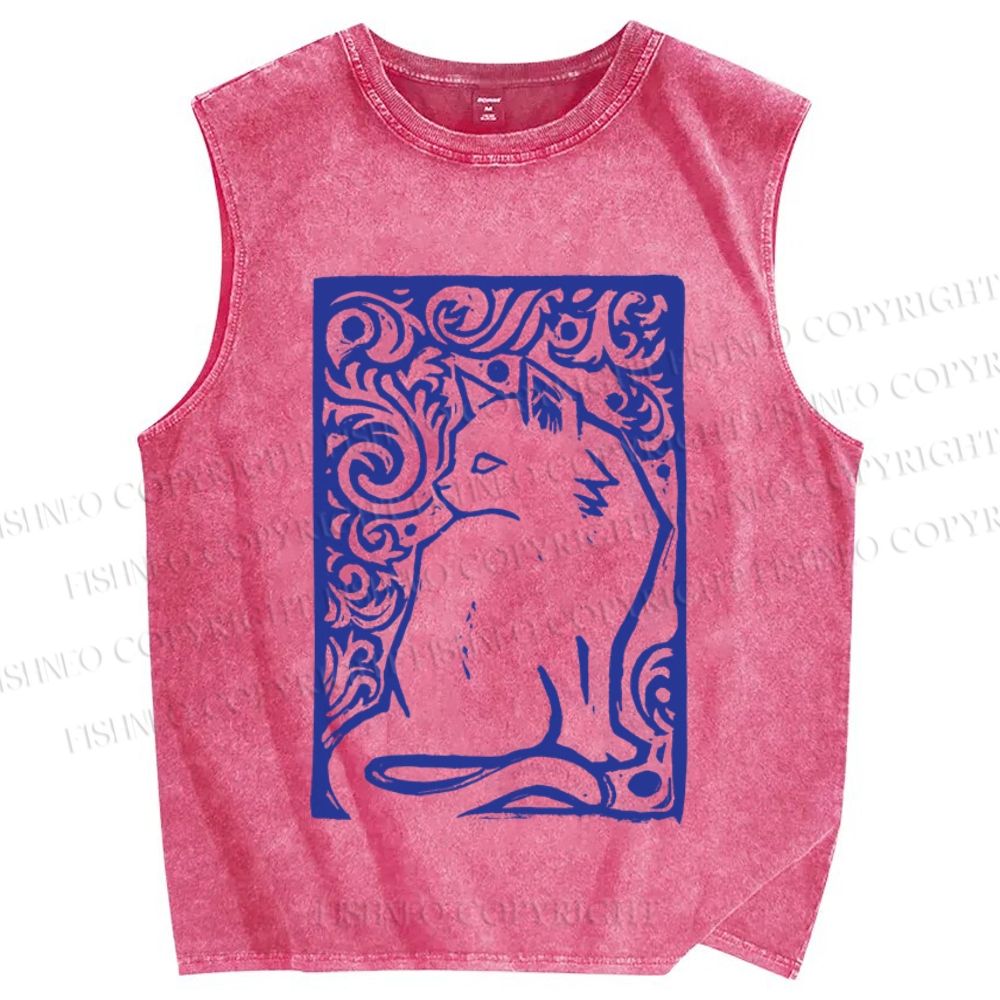 Unisex Vintage Cat Printed Washed Tank Top