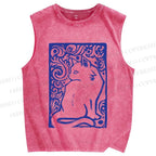 Unisex Vintage Cat Printed Washed Tank Top