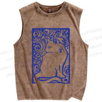 Unisex Vintage Cat Printed Washed Tank Top