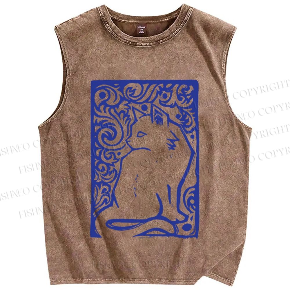 Unisex Vintage Cat Printed Washed Tank Top