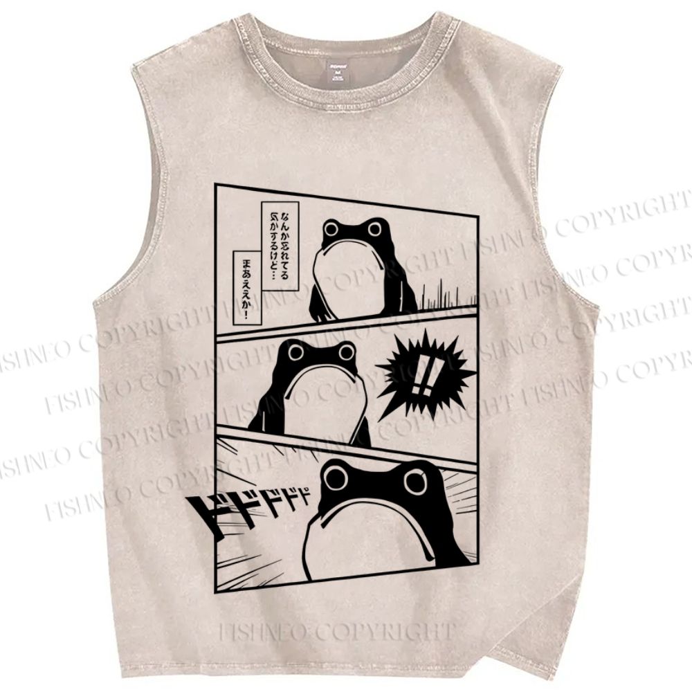 Unisex Japanese Manga Frog Printed Washed Tank Top