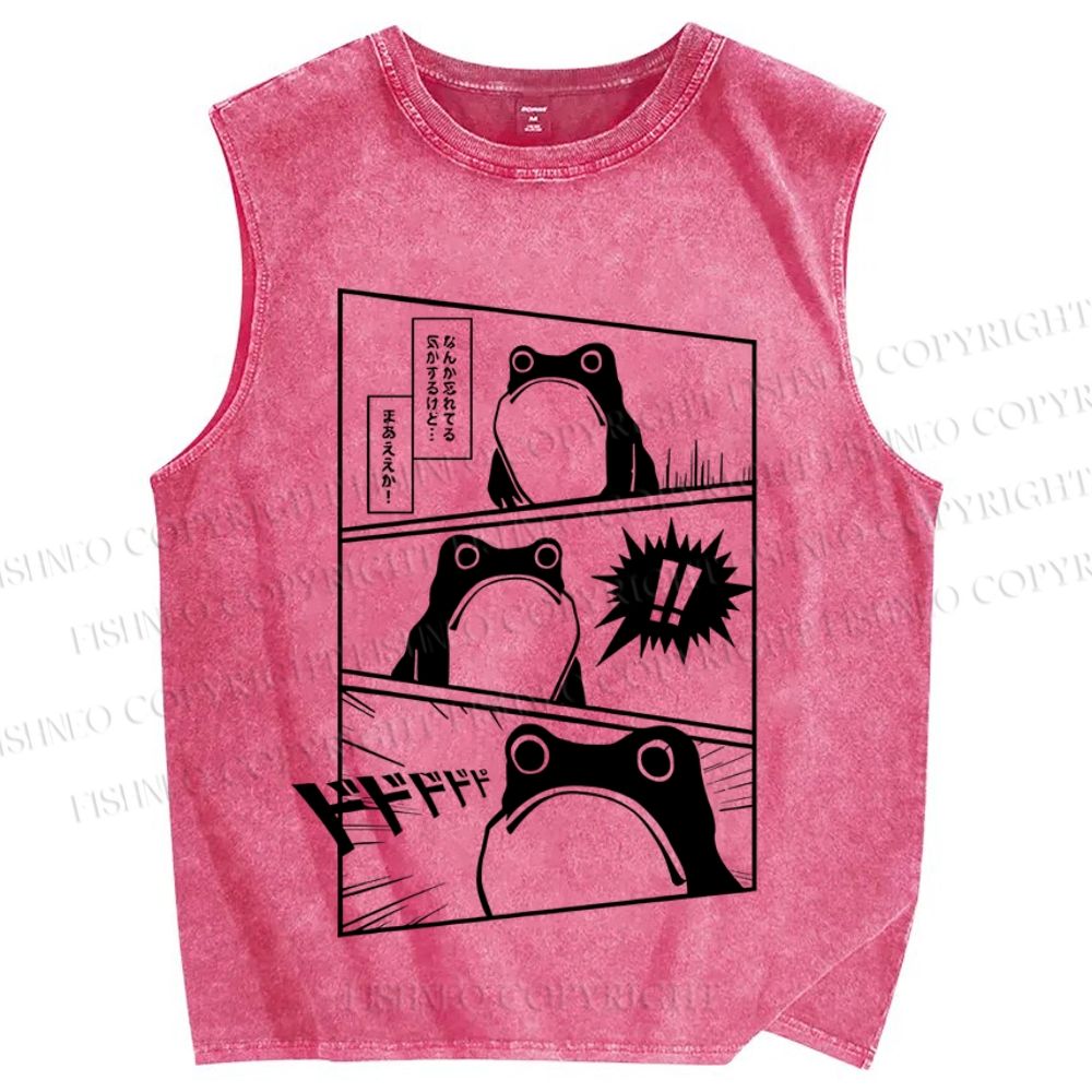 Unisex Japanese Manga Frog Printed Washed Tank Top