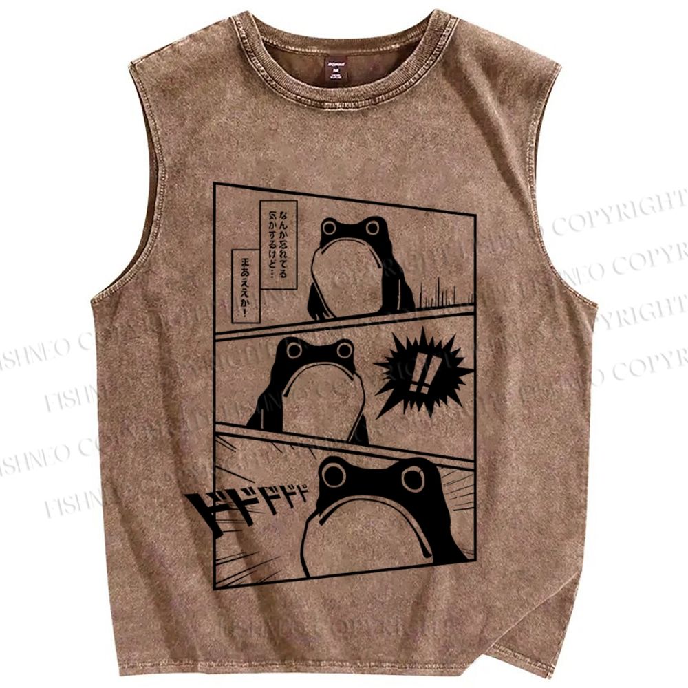 Unisex Japanese Manga Frog Printed Washed Tank Top