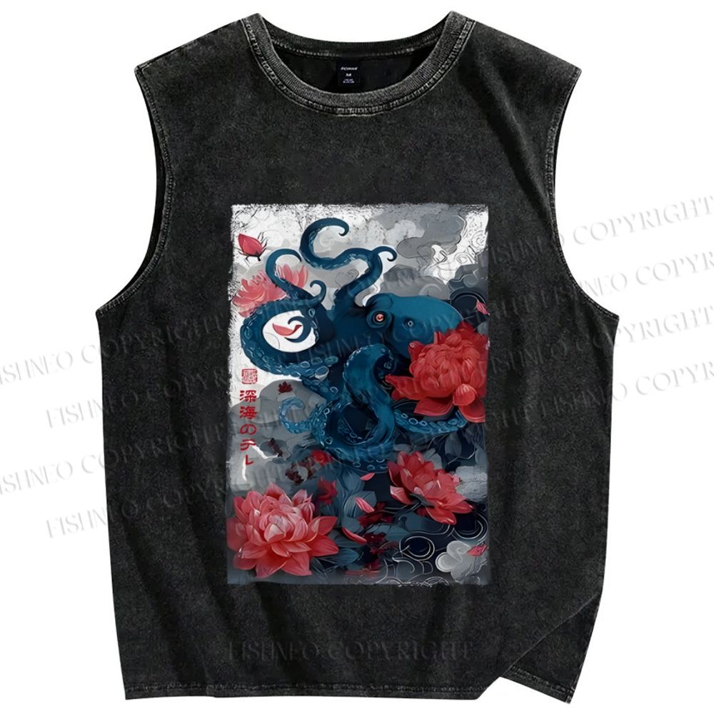 Unisex Vintage Octopus In Flower Printed Washed Tank Top