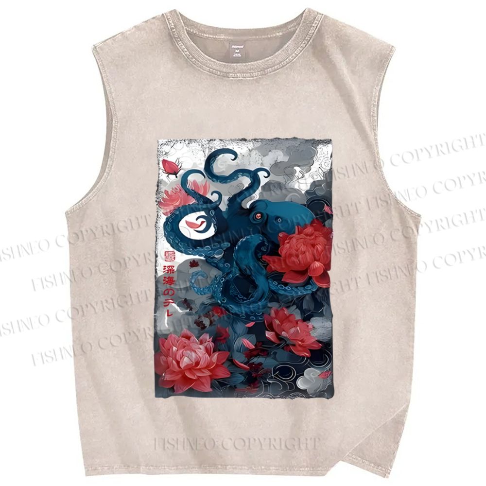 Unisex Vintage Octopus In Flower Printed Washed Tank Top