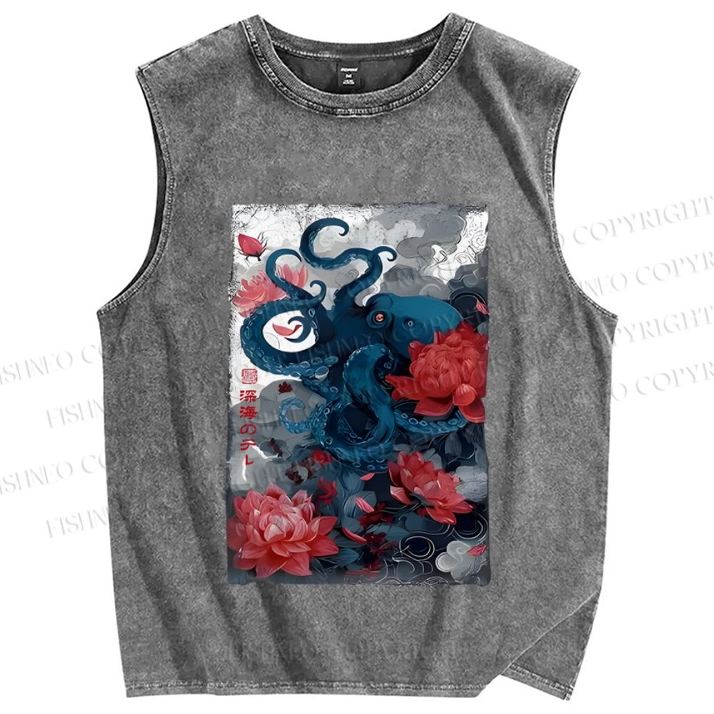 Unisex Vintage Octopus In Flower Printed Washed Tank Top