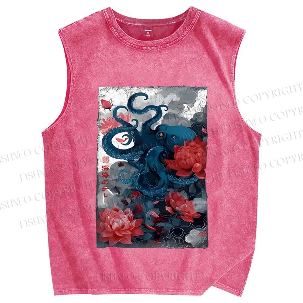 Unisex Vintage Octopus In Flower Printed Washed Tank Top