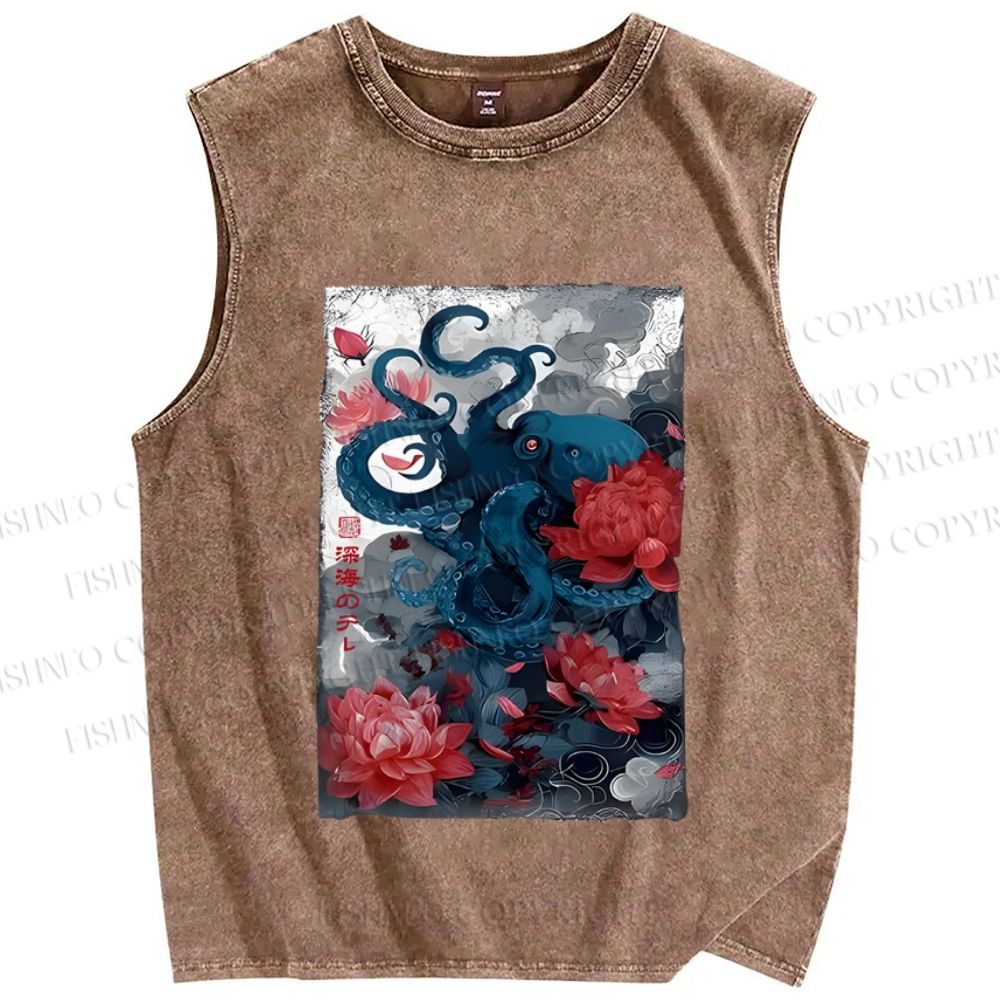 Unisex Vintage Octopus In Flower Printed Washed Tank Top