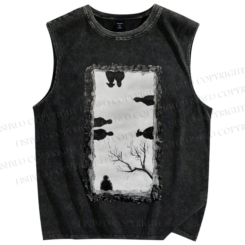 Unisex Sketch Printed Washed Tank Top