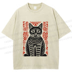 Unisex Vintage Black Cat Totem Printed Washed Tee