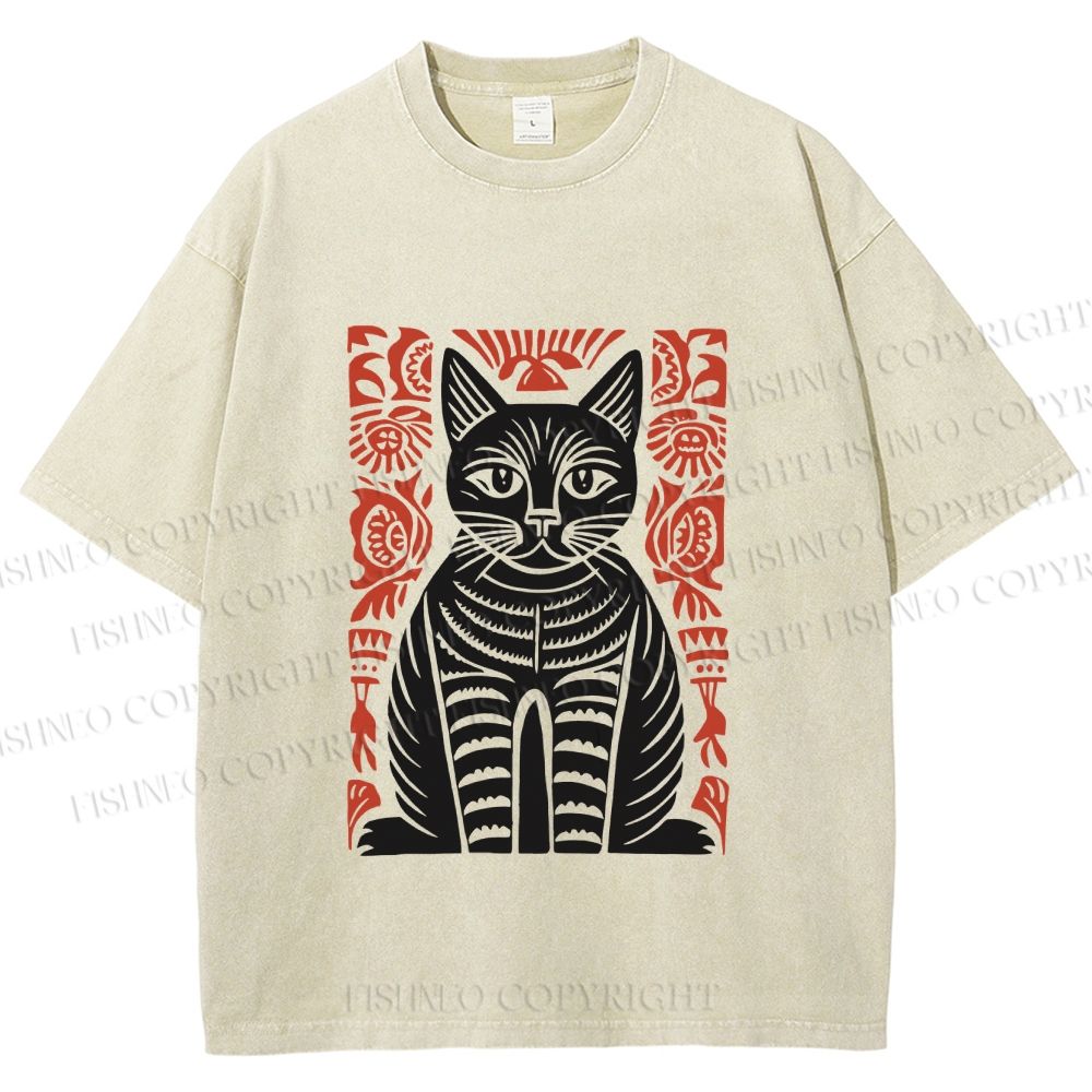 Unisex Vintage Black Cat Totem Printed Washed Tee