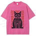 Unisex Vintage Black Cat Totem Printed Washed Tee