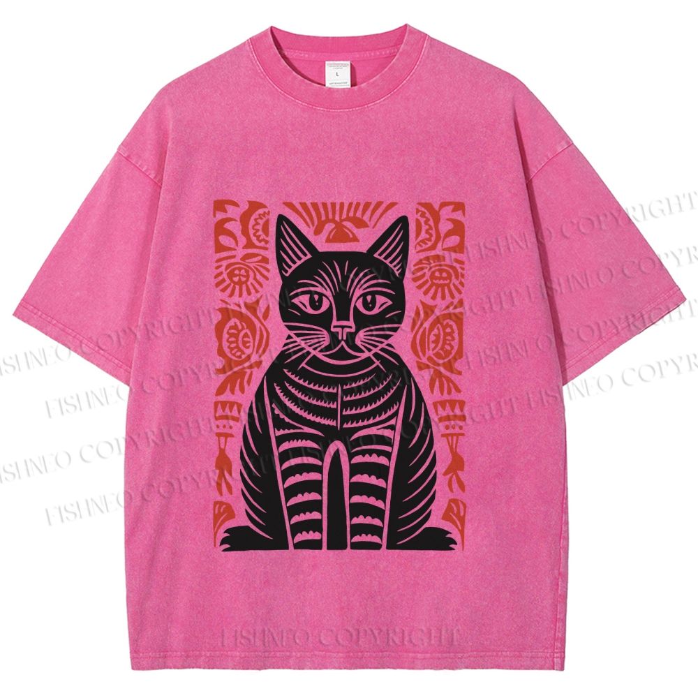 Unisex Vintage Black Cat Totem Printed Washed Tee