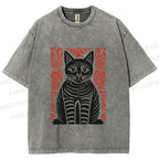 Unisex Vintage Black Cat Totem Printed Washed Tee