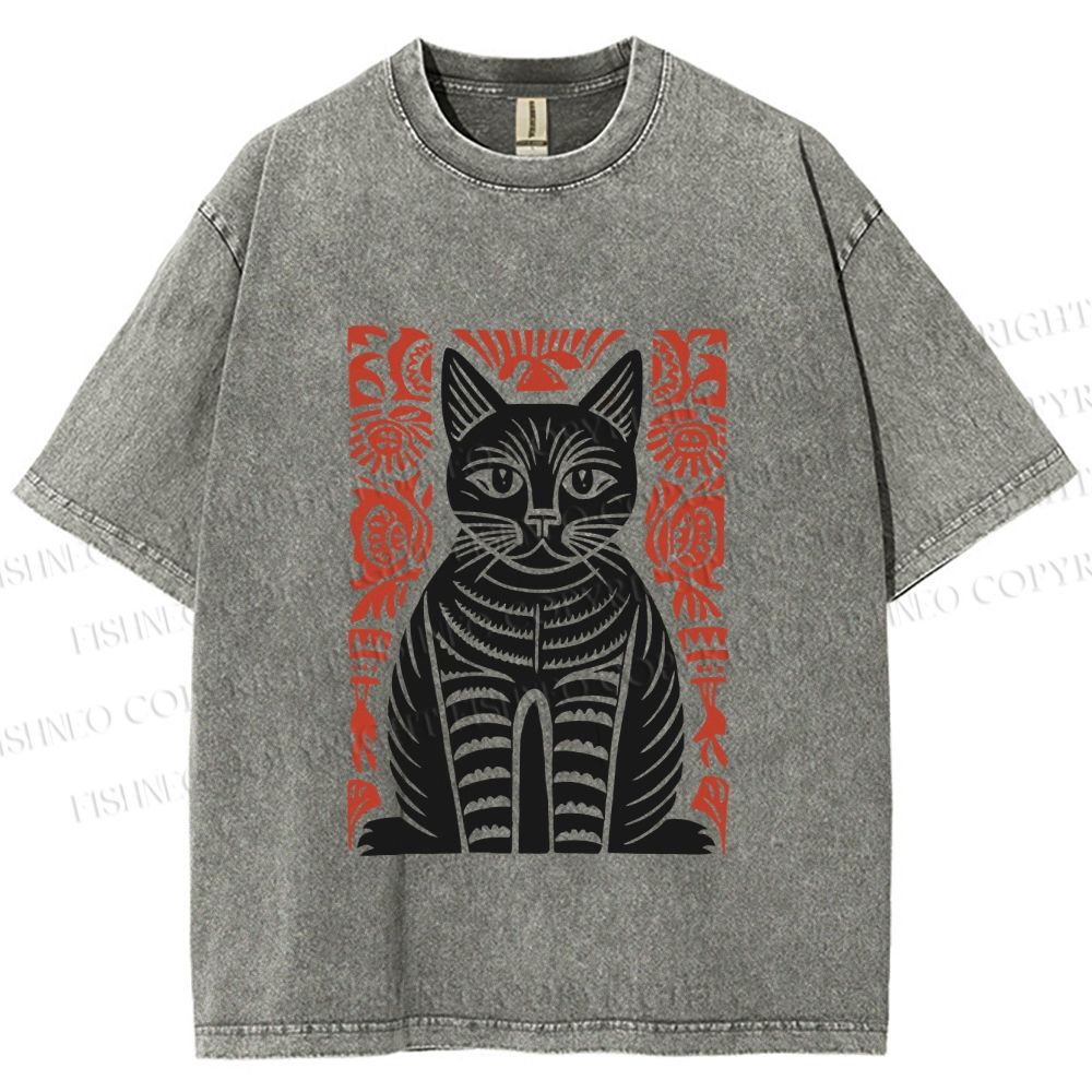 Unisex Vintage Black Cat Totem Printed Washed Tee