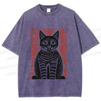 Unisex Vintage Black Cat Totem Printed Washed Tee