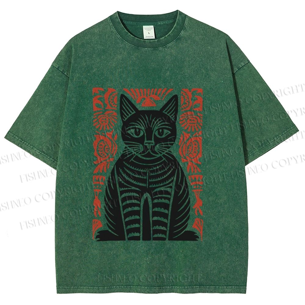 Unisex Vintage Black Cat Totem Printed Washed Tee