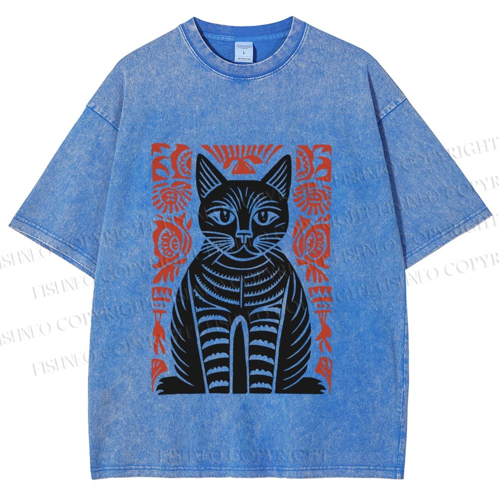 Unisex Vintage Black Cat Totem Printed Washed Tee