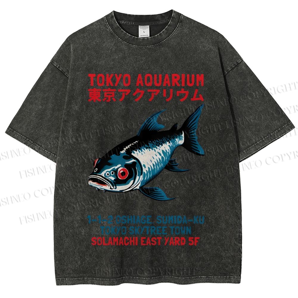 Unisex Tokyo Aquarium Japanese Vintage Printed Washed Tee