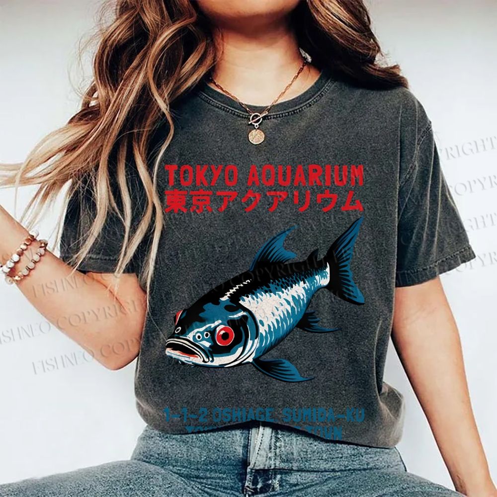 Unisex Tokyo Aquarium Japanese Vintage Printed Washed Tee