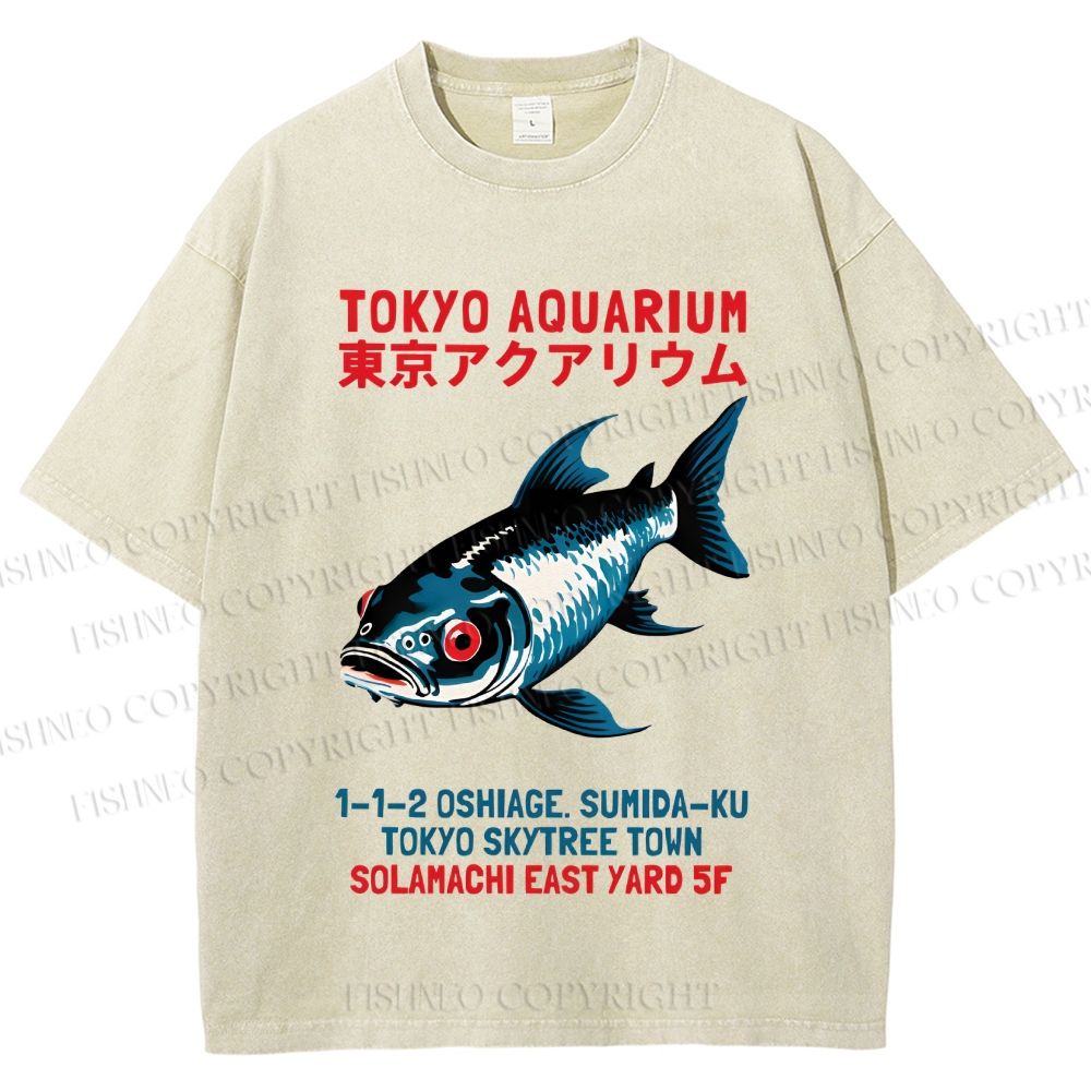 Unisex Tokyo Aquarium Japanese Vintage Printed Washed Tee